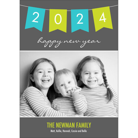 Turquoise and Green Banner New Year Flat Photo Cards